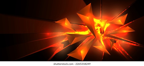 Abstract Geometric Background. Explosion Power Design with Crushing Surface, 3D Triangles and Golden Red Light. Vector illustration.