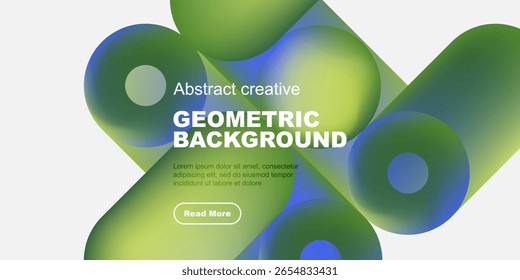 Abstract geometric background features fluid shapes, green hues, white text, button. Modern design for digital projects.