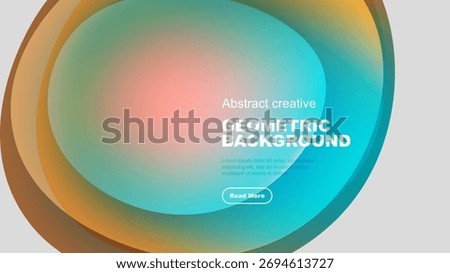 Abstract geometric background features layered circles, vibrant colors, text, button. Modern design, clean aesthetic.
