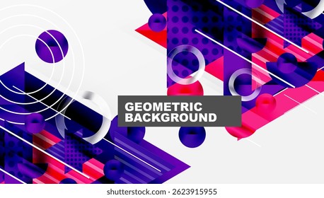 Abstract geometric background features vibrant purple, pink, blue shapes. Circles, squares, triangles create dynamic composition. Modern design.