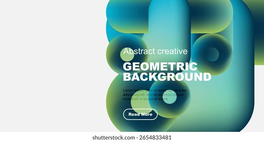 Abstract geometric background features vibrant blue, green hues. Text overlay includes sample content, button. Minimalist design, modern aesthetic.