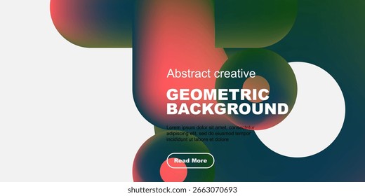 Abstrakter geometrischer Hintergrund mit lebendigen Farben, fließenden Formen, Text, Schaltfläche. Modernes Design für Präsentationen, Websites.