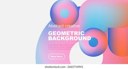 Abstract geometric background features vibrant overlapping circles. Text block includes sample content, plus button. Modern design.