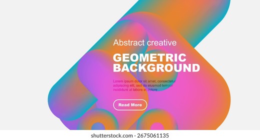 Abstract geometric background features vibrant colors, flowing shapes, text, button. Modern design suitable for presentations, websites.
