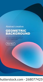 Abstract geometric background features vibrant blue, red gradients. Text sample present with button. Modern design elements visible.