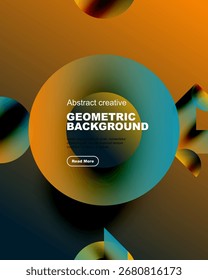Abstract geometric background features vibrant orange, teal gradients. Text reads geometric background, includes button. Modern design.