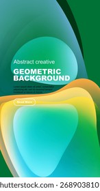 Abstract geometric background features vibrant color blends. Overlapping shapes create dynamic visual effect. Text promotes further exploration.