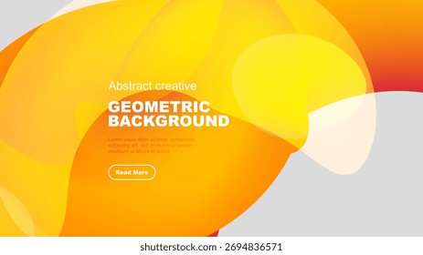Abstract geometric background features vibrant orange, yellow gradients. White text overlay, button present. Modern design elements visible.