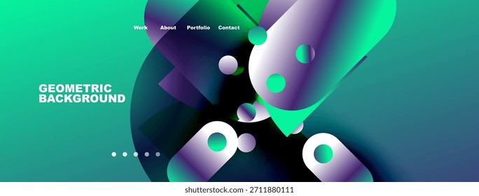 Abstrakter geometrischer Hintergrund mit lebendigen Farbverläufen, Formen, Navigationsmenü. Modernes Design geeignet für Website-Header oder Banner.