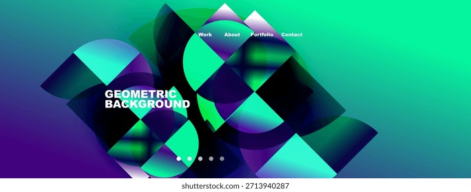 El Abstractas fondo geométrico presenta vibrantes tonos azules y púrpuras. Menú de navegación presente. Diseño moderno, composición dinámica.
