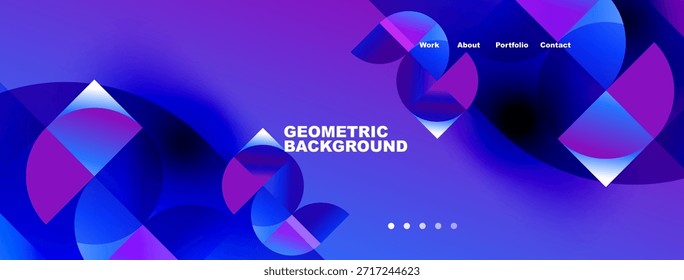 Abstract geometric background features vibrant blue, purple gradients. Navigation menu present. Modern design, clean aesthetic.