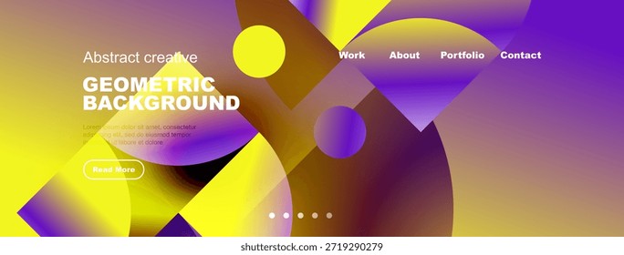 Abstrakter geometrischer Hintergrund mit lebendigen Farben, Formen, Textelementen, Navigationsmenü. Modernes Design passend für den Webseitenkopf.