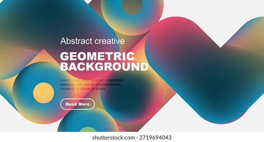 El Abstractas fondo geométrico presenta vibrantes Formas superpuestas, los colores se mezclan suavemente. El texto promueve una mayor exploración. Elementos de diseño modernos presentes.