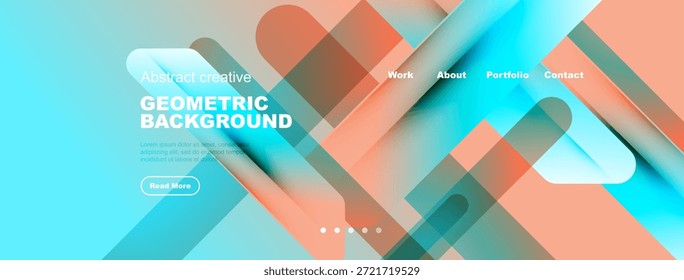 El fondo geométrico Abstractas presenta colores vibrantes, Formas superpuestas, Elementos de texto, menú de navegación. Cabezal de Sitio web adecuado de diseño moderno.