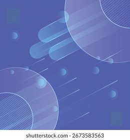 An abstract geometric background featuring a blue and purple gradient with overlayed transparent circles, lines, and dotted patterns.