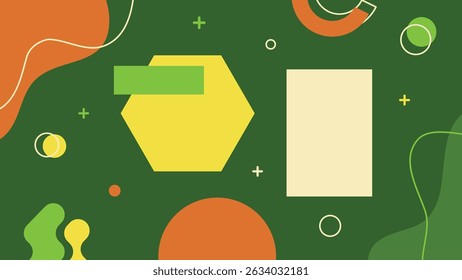 Abstract geometric background featuring bold shapes and vibrant hues on a dark green field. Trendy and modern.