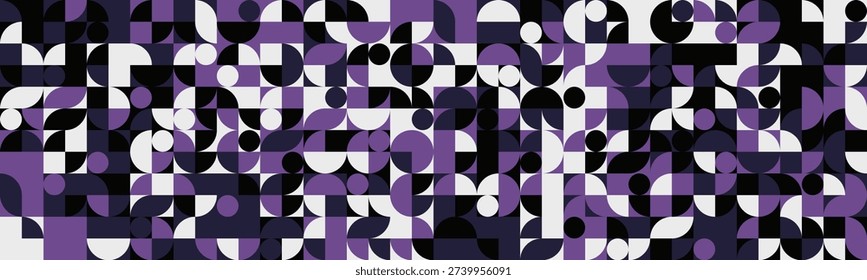 Abstract geometric background featuring a captivating mosaic of circles, squares, and halfcircles in shades of purple, black, and white.