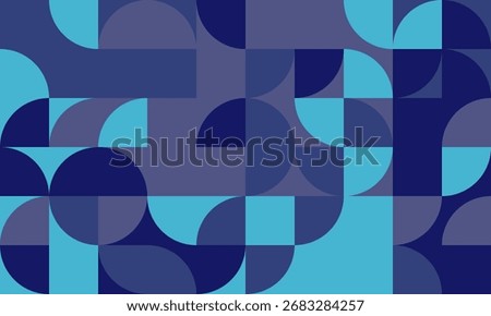 Abstract geometric background featuring a captivating interplay of circles and squares in shades of blue.