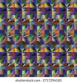 Fundo geométrico abstrato com um mosaico colorido de triângulos e losangos dispostos em um padrão simétrico e vibrante.
