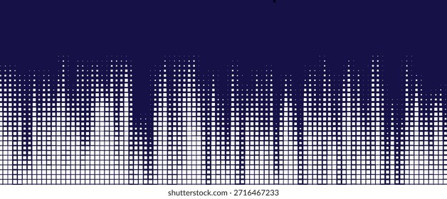 An abstract geometric background featuring a dark blue canvas with a repeating pattern of white squares arranged in varying heights, creating an effect similar to an equalizer or a pixelated