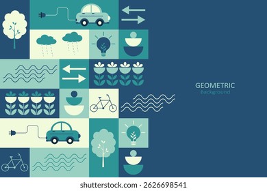 An abstract geometric background featuring eco-conscious icons such as electric cars, trees, flowers, and energy symbols. It employs a palette of teal, blue, and green.