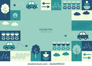 An abstract geometric background featuring eco-conscious icons such as electric cars, trees, flowers, and energy symbols. It employs a palette of teal, blue, and green.