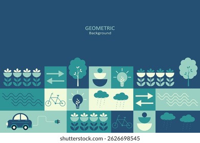 Um fundo geométrico abstrato com ícones ecologicamente conscientes, como carros elétricos, árvores, flores e símbolos de energia. Ele emprega uma paleta de azul-petróleo, azul e verde.