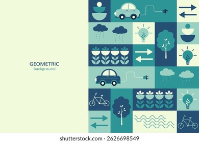 An abstract geometric background featuring eco-conscious icons such as electric cars, trees, flowers, and energy symbols. It employs a palette of teal, blue, and green.