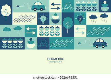 An abstract geometric background featuring eco-conscious icons such as electric cars, trees, flowers, and energy symbols. It employs a palette of teal, blue, and green.