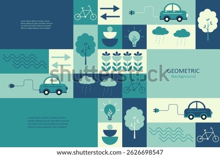 An abstract geometric background featuring eco-conscious icons such as electric cars, trees, flowers, and energy symbols. It employs a palette of teal, blue, and green.