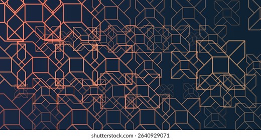 An abstract geometric background featuring an intricate pattern of interconnected lines and polygons in warm, metallic tones on a dark background, suggesting technology, luxury, or complexity.