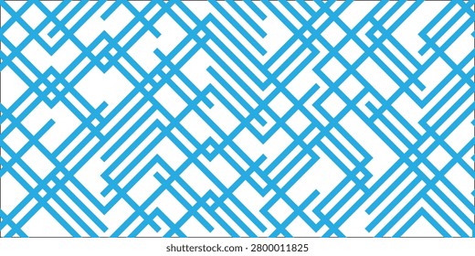 Abstract geometric background featuring an intricate, seamless-style pattern of intersecting diagonal lines in a vibrant sky blue and bright cyan palette. Set against a pure white backdrop, the sharp linear paths and structured mazelike intersections create a clean, modern technology aesthetic. This minimalist, high-contrast graphic asset is perfectly suited for corporate website headers, creative packaging designs, contemporary textile prints, and trendy digital presentation wallpapers