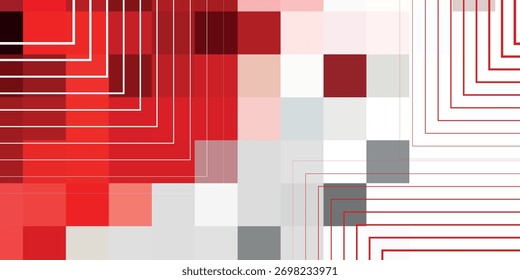 An abstract geometric background featuring a pixelated grid of red, white, and grey squares with thin, concentric, right-angled lines creating a modern, digital design.