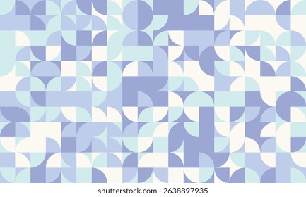 Abstract geometric background featuring a seamless pastel pattern of circles, semicircles, and squares in shades of blue and white.