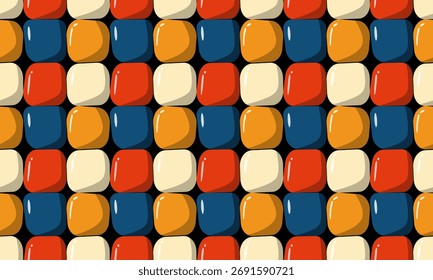Abstrakter geometrischer Hintergrund mit einem nahtlosen Muster aus bunten abgerundeten quadratischen Fliesen in einem Vintage-Stil der 60er und 70er Jahre