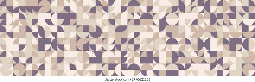 Abstract geometric background featuring a seamless pattern of circles, halfcircles, and squares in muted beige and purple tones.