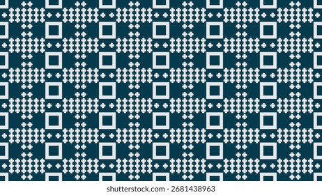 Abstract geometric background featuring squares and small floral motifs in dark blue and white Perfect for wallpapers fabric prints packaging stationery and modern graphic design projects