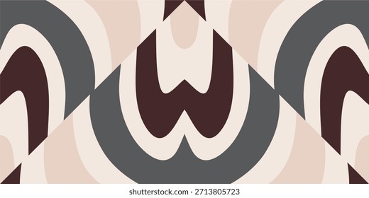 Abstrakter geometrischer Hintergrund mit symmetrischen, gewellten Bogenformen und Kurven in einer Retro-Palette aus Schokoladenbraun, Holzkohlegrau und Beige.
