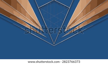Abstract geometric background featuring a symmetrical composition of blue, copper, and silver layered triangles with a central wireframe grid pattern on a dark blue base.