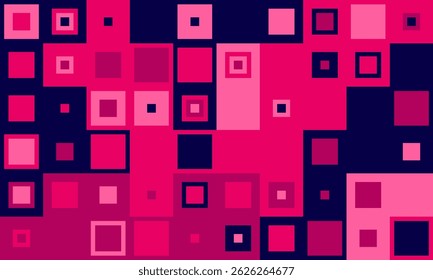 Fundo geométrico abstrato com quadrados rosa vibrante e azul escuro de tamanhos variados.  Um design moderno e dinâmico ideal para sites, apresentações ou como uma camada texturizada.