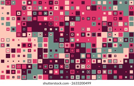 Abstract geometric background featuring a vibrant mosaic of squares in varying shades of pink, maroon, beige, and teal.  Perfect for modern design projects, presentations, or website backgrounds.
