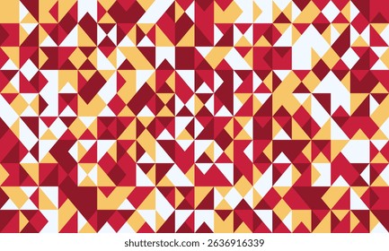 Abstract geometric background featuring a vibrant mosaic of red, gold, and white triangles.  Ideal for modern designs, presentations, or website banners.