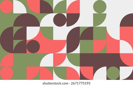 Abstract geometric background featuring a vibrant blend of coral, olive green, and brown semicircles and squares.