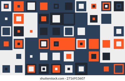 Fundo geométrico abstrato com um mosaico vibrante de quadrados em cores contrastantes branco, laranja, azul escuro e preto.