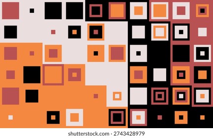 Abstract geometric background featuring a vibrant interplay of orange, black, and white squares.