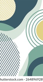 Fundo geométrico abstrato com formas e listras fluindo em azul-petróleo, verde-sábio, azul-marinho e amarelo pálido. Design moderno e minimalista.