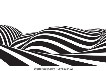 Abstract Geometric Background of Fluid Waves with Fashionable Striped Surface Pattern - Black and White, Vector Swirls