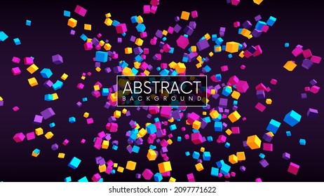 Abstract geometric background with flying 3d cubes. Futuristic explosion with colorful cubes. Vector illustration