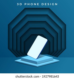 Abstract geometric background in fresh colors. Modern smartphone concept in 3d render illustration. Fashion and trendy mockup with a floating phone. Free space for design presentation.