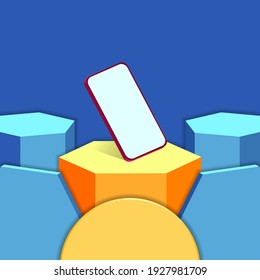 Abstract geometric background in fresh colors. Modern smartphone concept in 3d render illustration. Fashion and trendy mockup with a floating phone. Free space for design presentation.